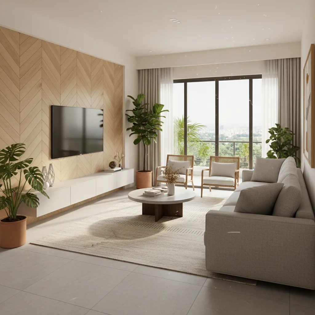 Modern living room in Delhi apartment with decorative PVC wall panel accent wall behind TV