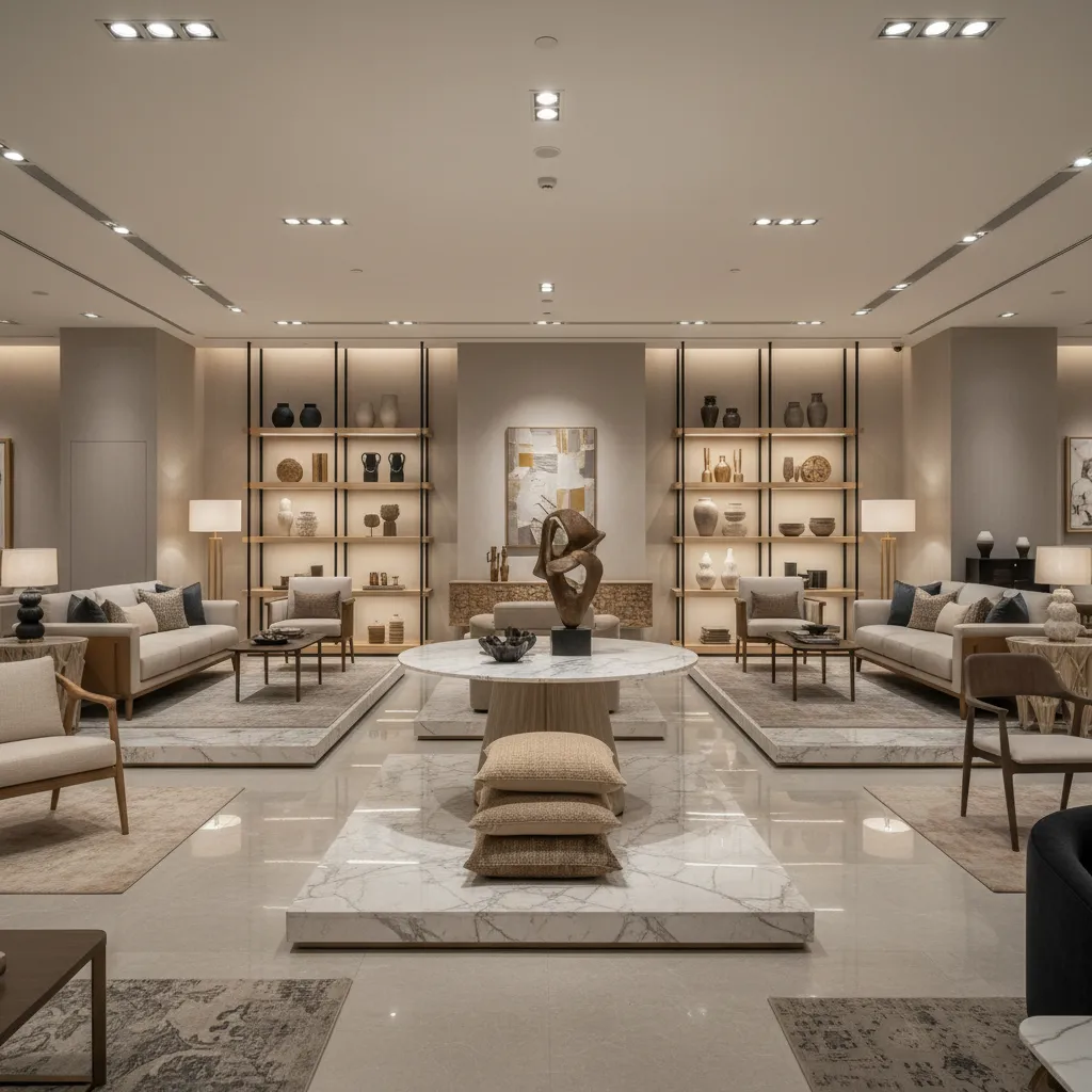 high end home decor boutique interior in Delhi with designer furniture and lighting