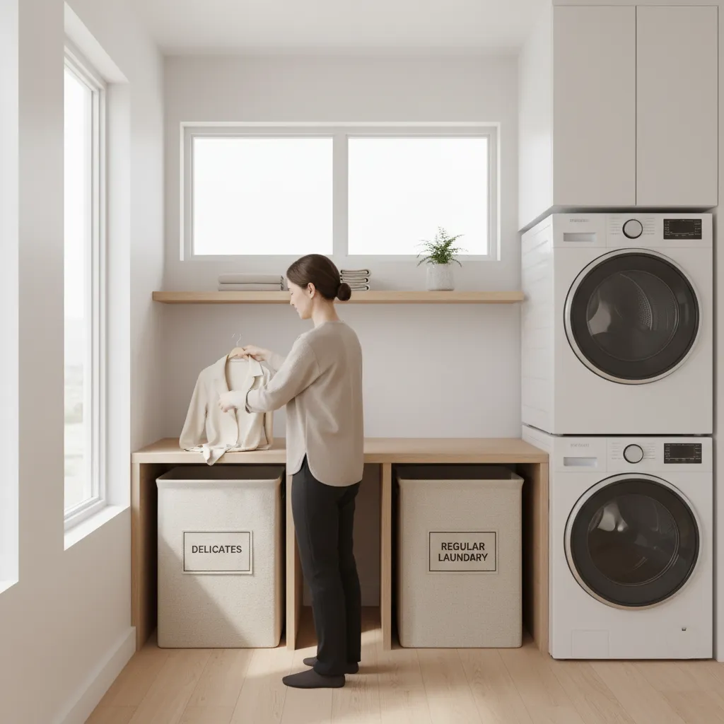 sorting delicate garments in a modern laundry room