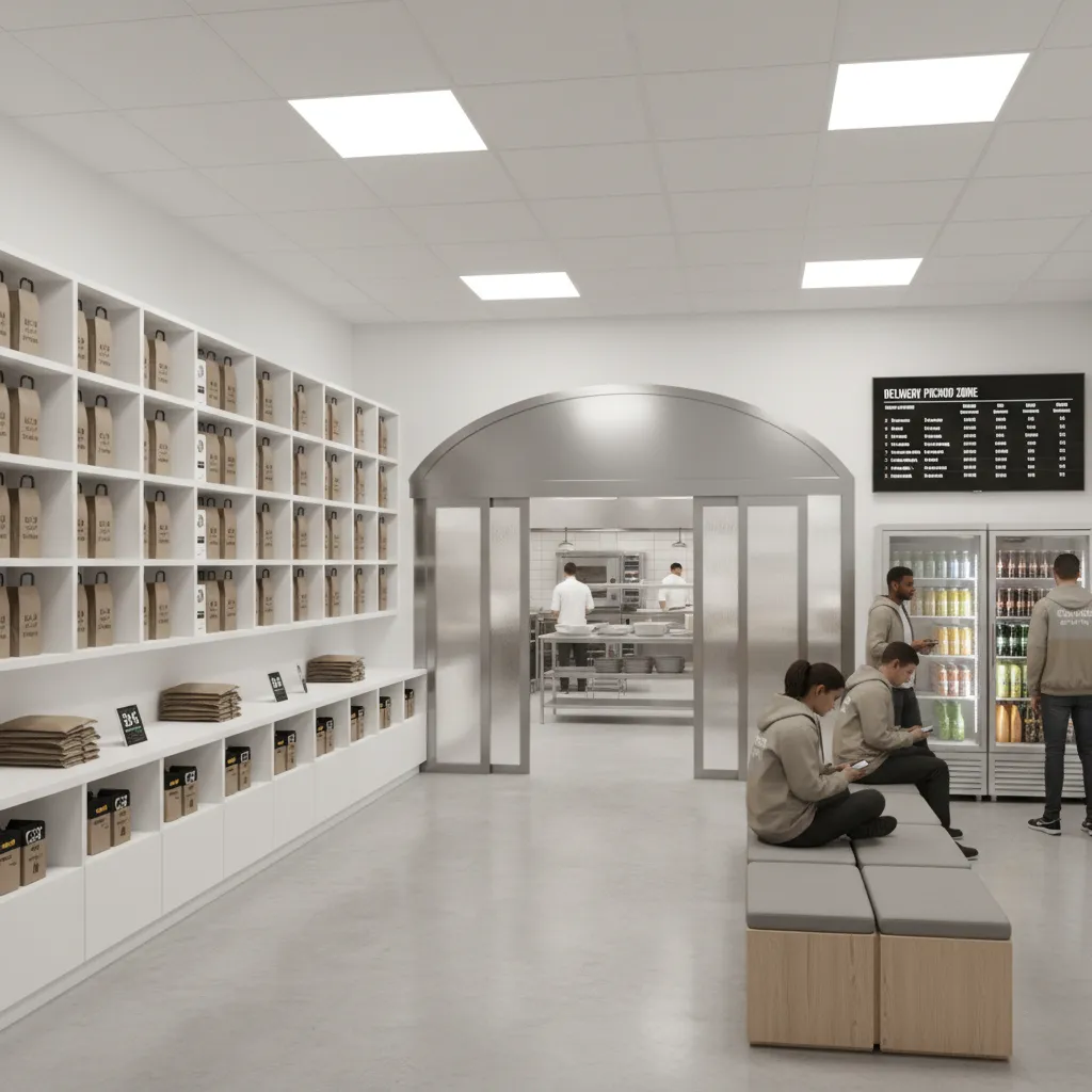 Dedicated delivery pickup area with order shelves in cloud kitchen