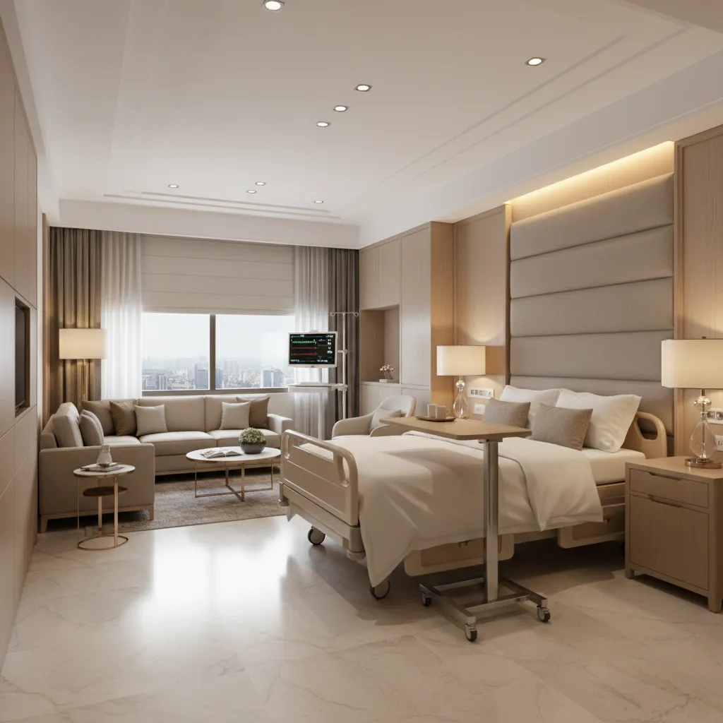 Modern luxury hospital suite with medical bed, comfortable sofa, table, window view, and warm lighting
