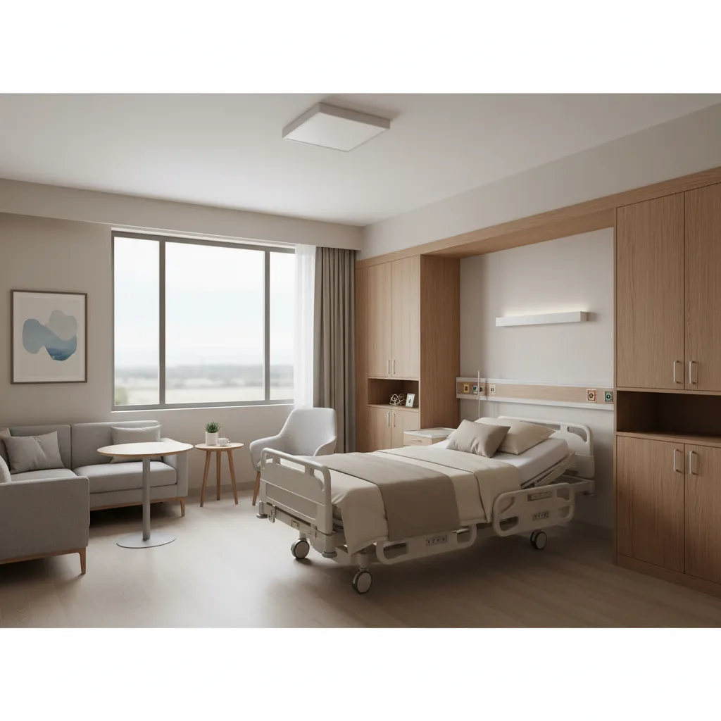 Deluxe hospital room with medical bed, grey sofa, small round tables, wooden cabinets, and window