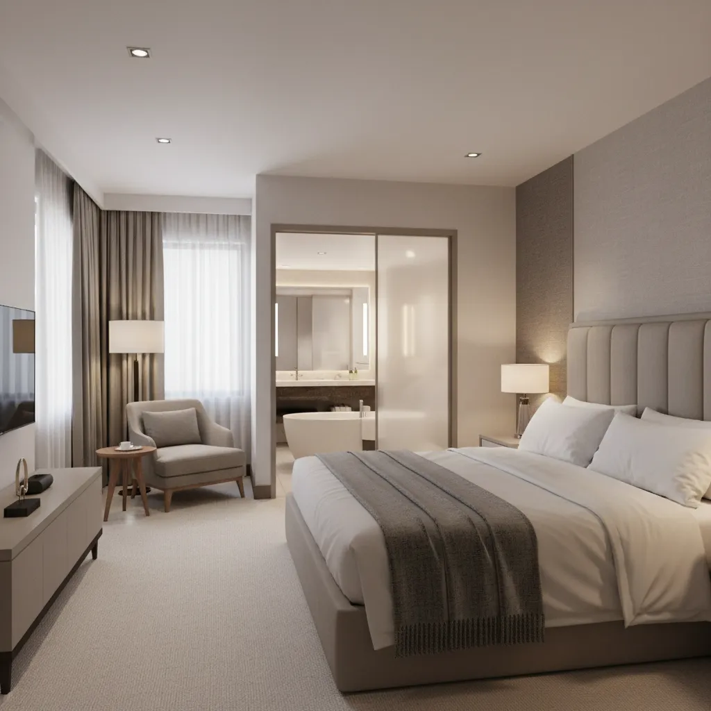 Hotel deluxe king suite showing bed seating area and walkway layout