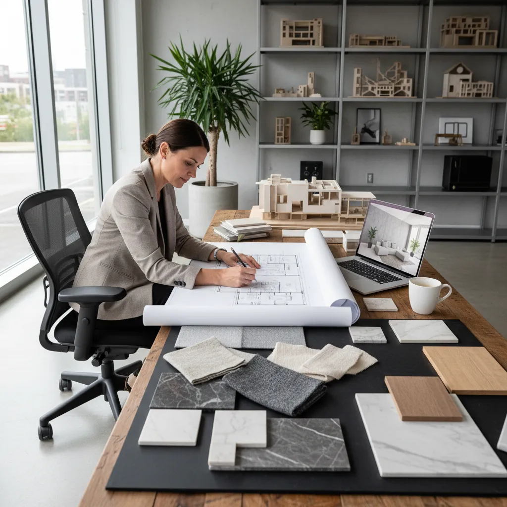 Female interior designer working on floor plan with laptop and material samples on wooden desk