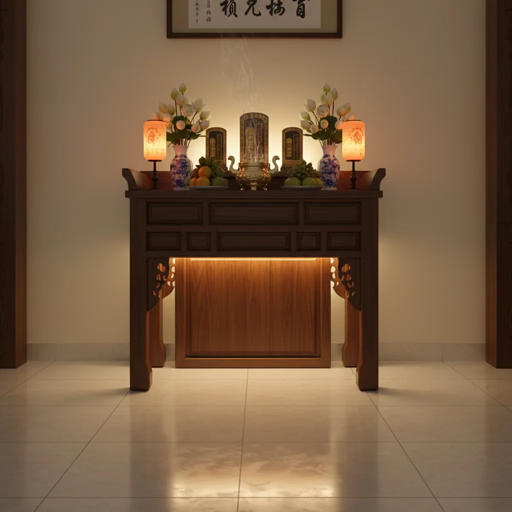 Traditional wooden cabinet featuring fruit flowers small table lamps and calligraphy on the cream wall