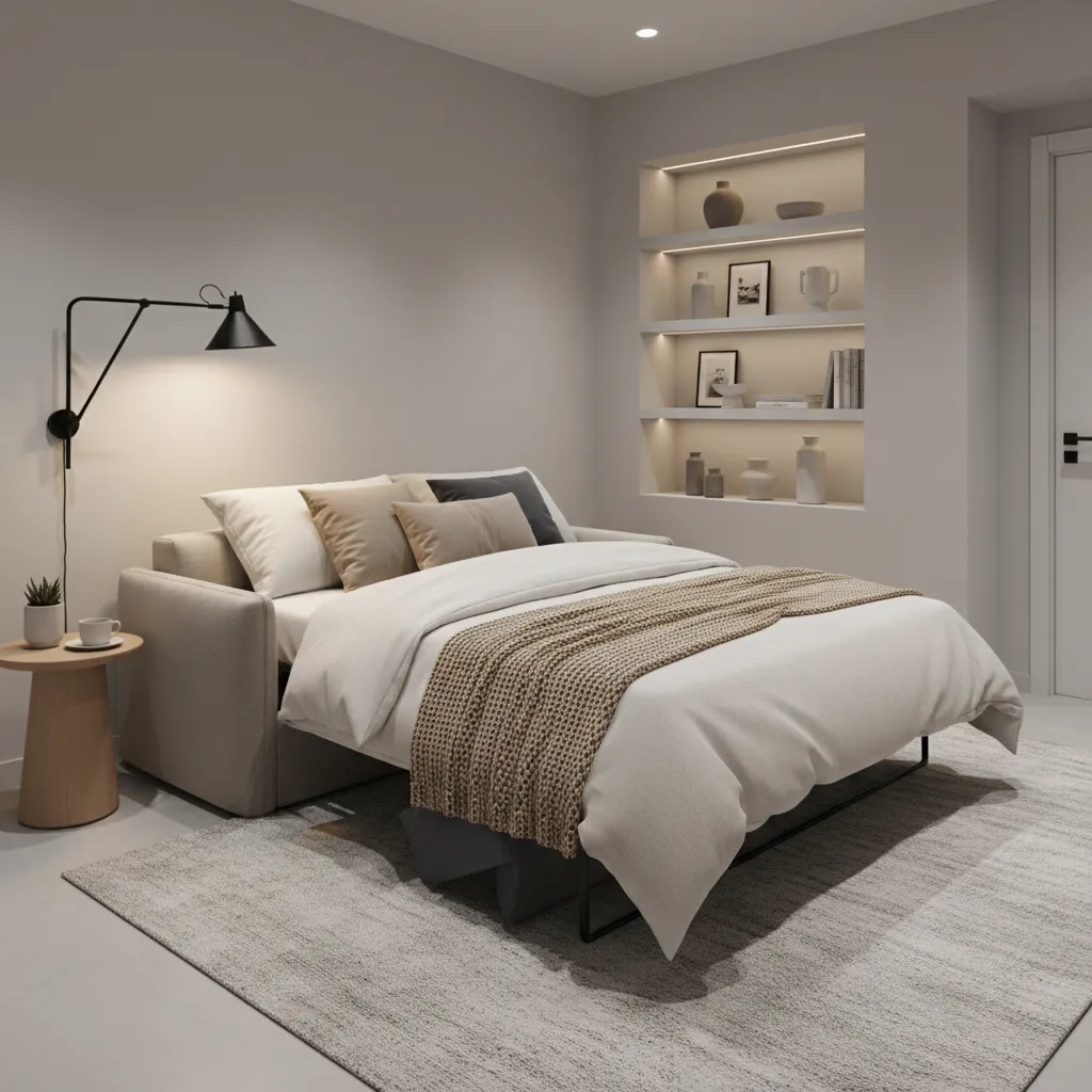 small den with sofa bed prepared for guest sleeping setup