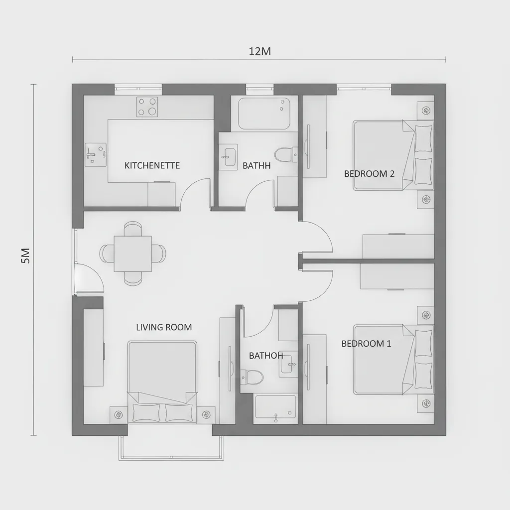 Simple 2D floor plan showing two bedrooms two bathrooms one small kitchen and living room