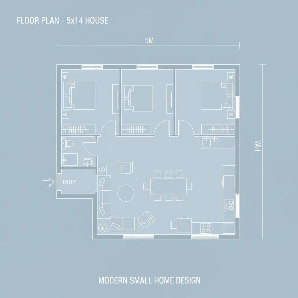 Blue floor plan drawing of modern small home design with three bedrooms and simple entry