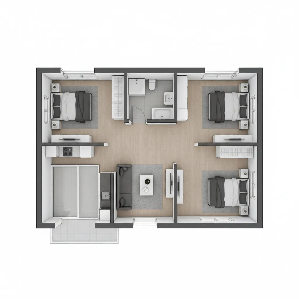 Denah rumah 6x6 dengan dua kamar tidur