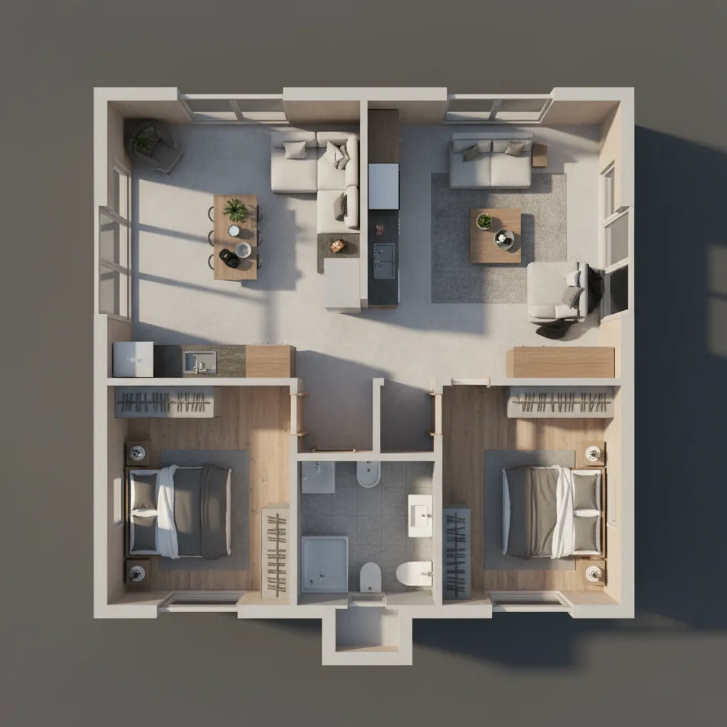 Top view 3D floor plan with two bedrooms central bathroom kitchen dining table and sofa