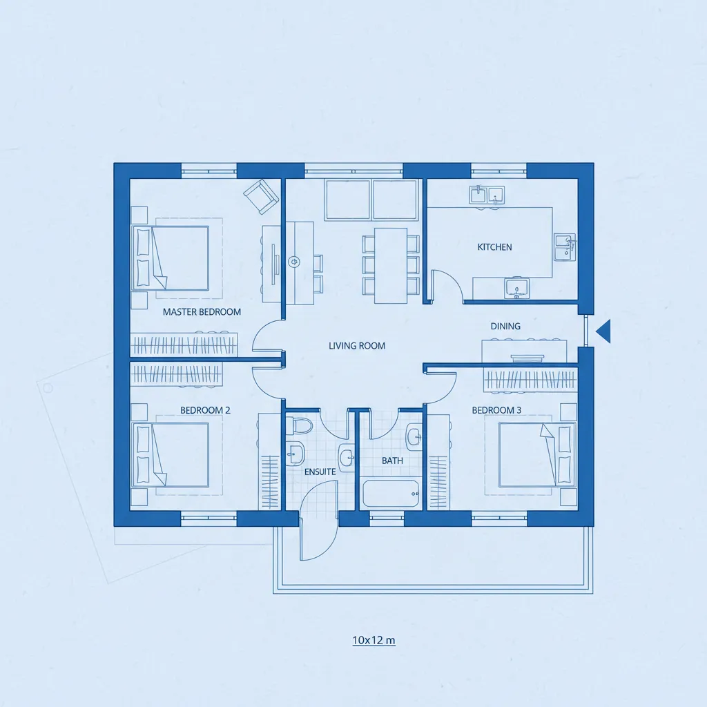 Interior design drawing showing a three bedroom house floor plan with living room and kitchen