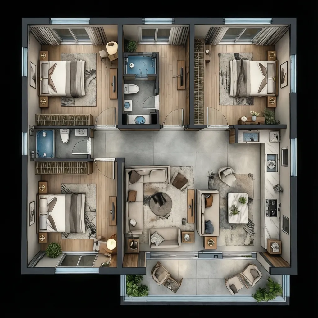 3D interior design drawing of apartment with three bedrooms living room kitchen and small balcony