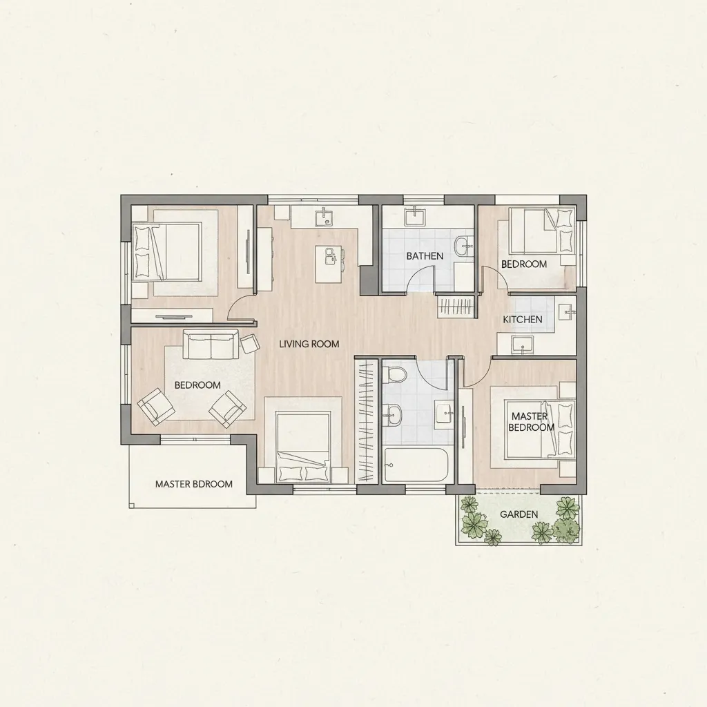 Contoh denah rumah 5x20 meter dengan tiga kamar tidur