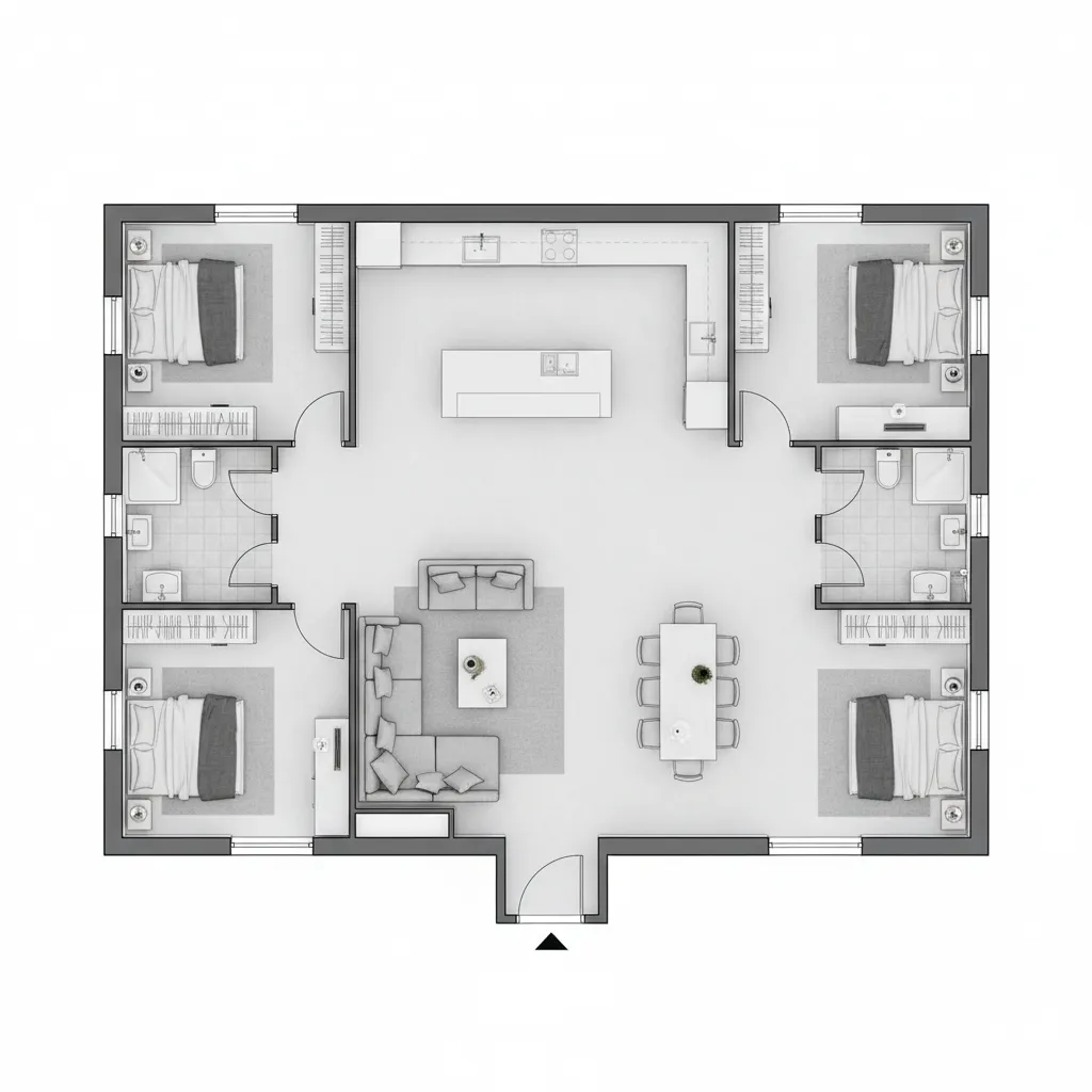 Top down floor plan showing four bedrooms and two bathrooms around a central living room