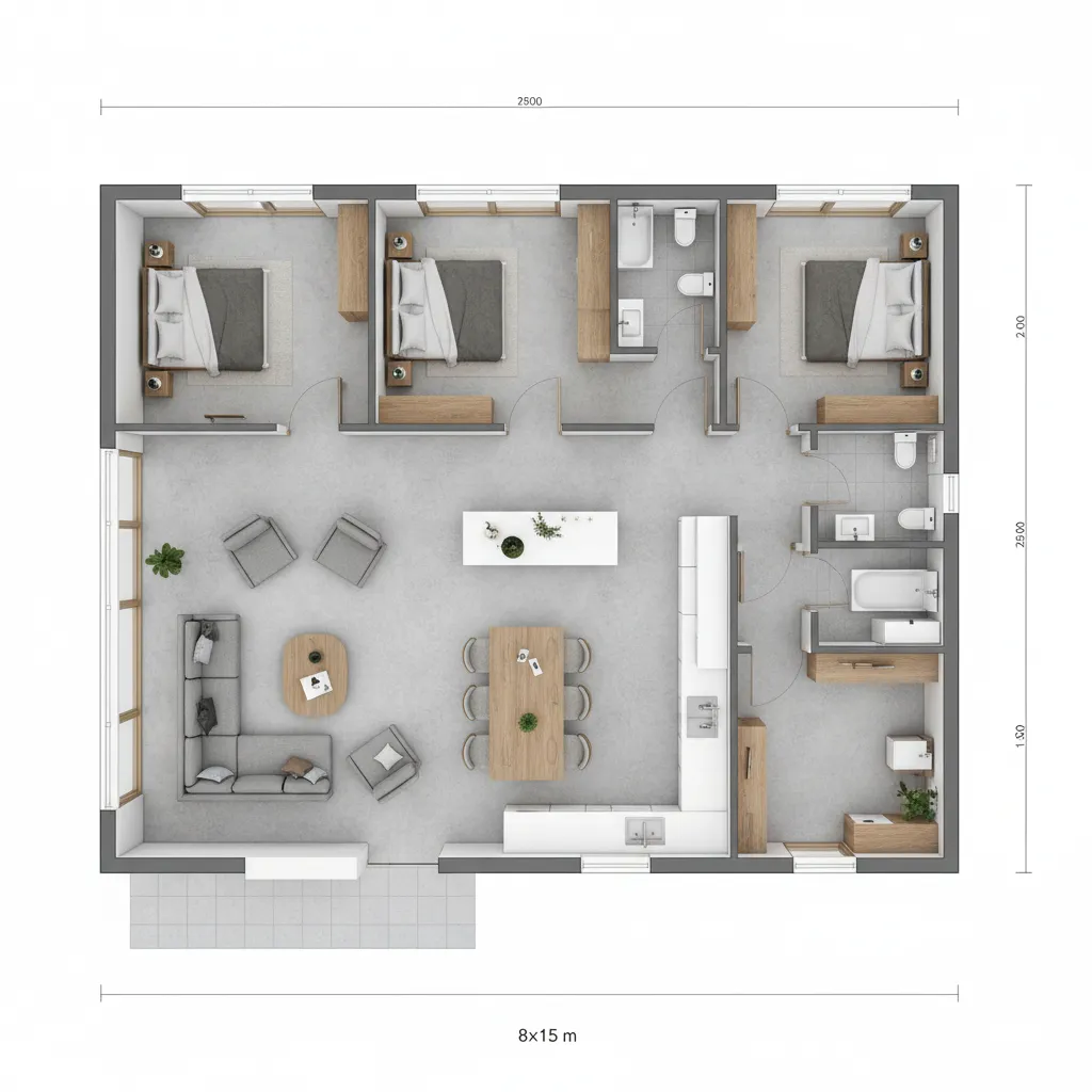 Contoh denah rumah tiga kamar dengan ruang tamu dan dapur