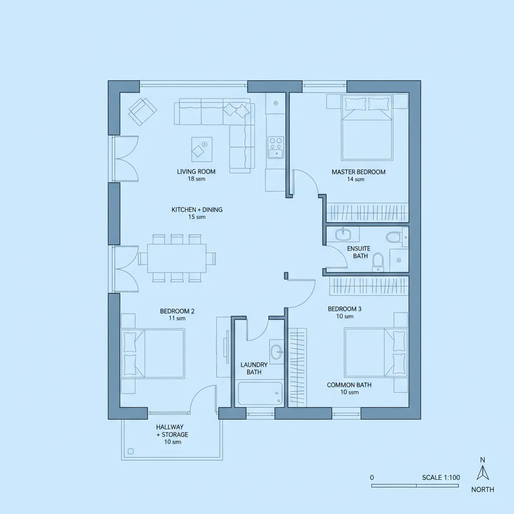 Contoh denah rumah dengan tiga kamar tidur di lahan 90 meter