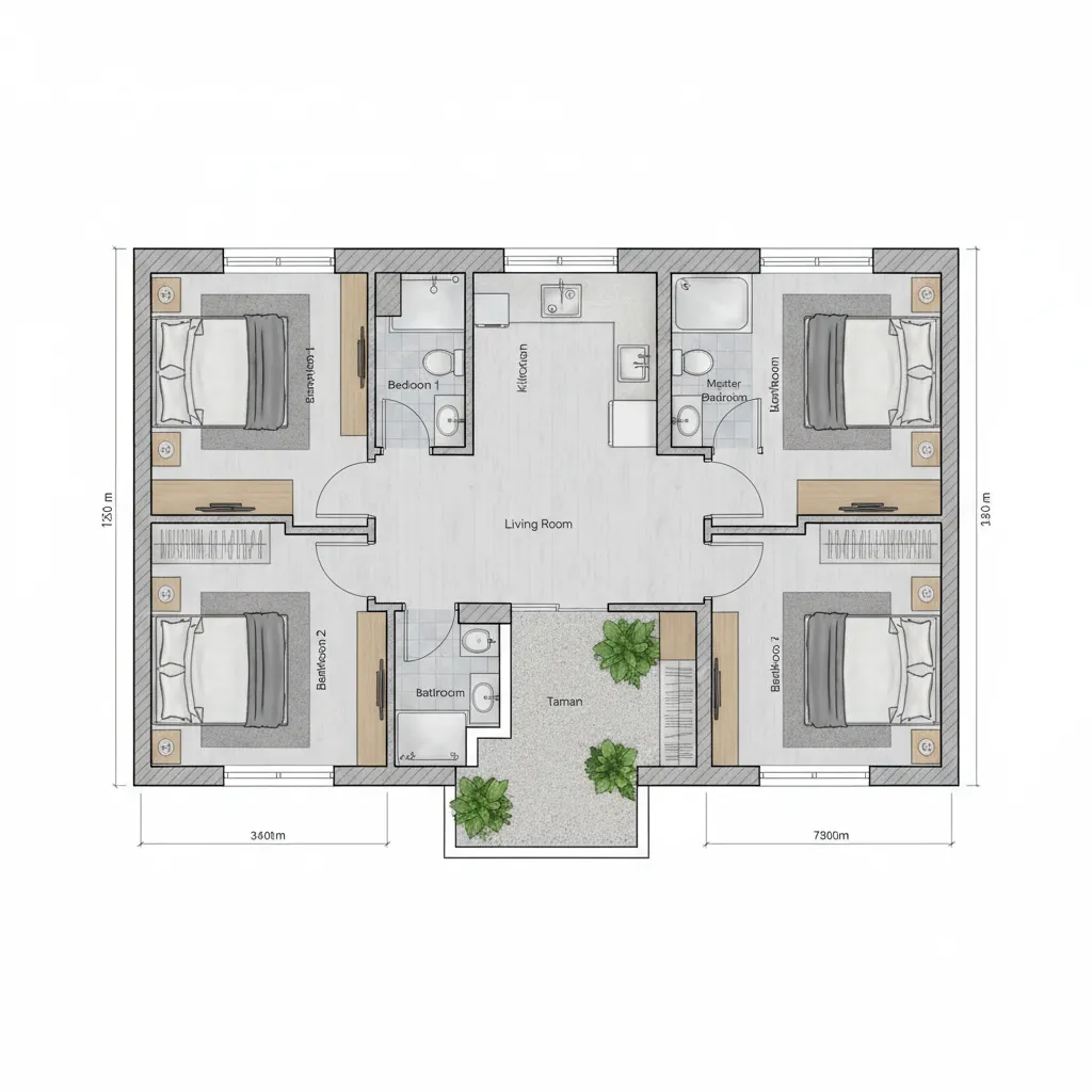 Detailed interior design drawing showing a three bedroom house layout with furniture and small garden