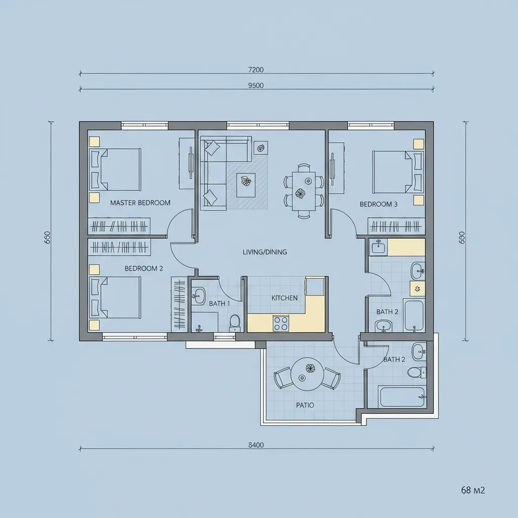 Denah rumah type 68 dengan tiga kamar tidur
