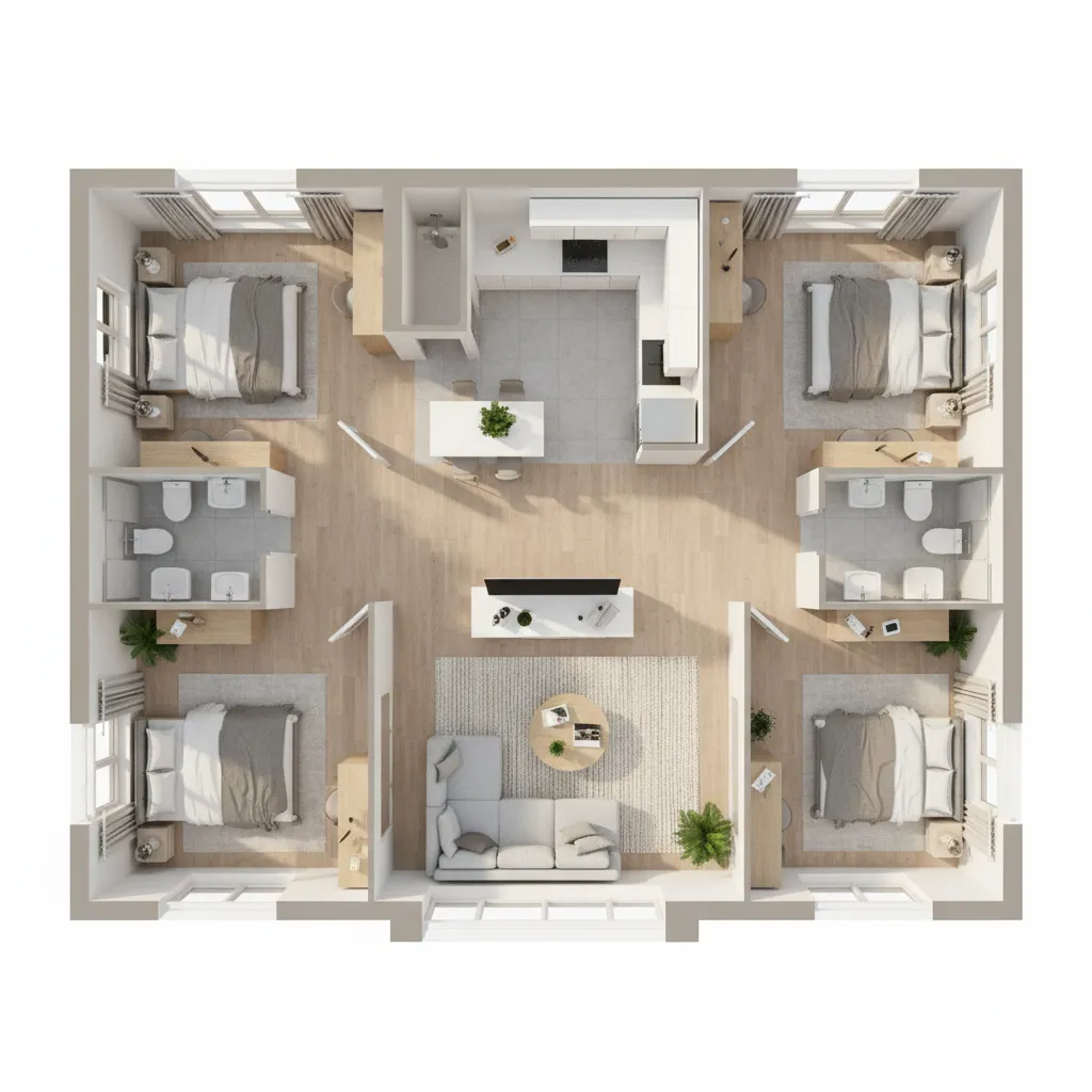 Interior design drawing of a modern apartment layout featuring four bedrooms kitchen and living area