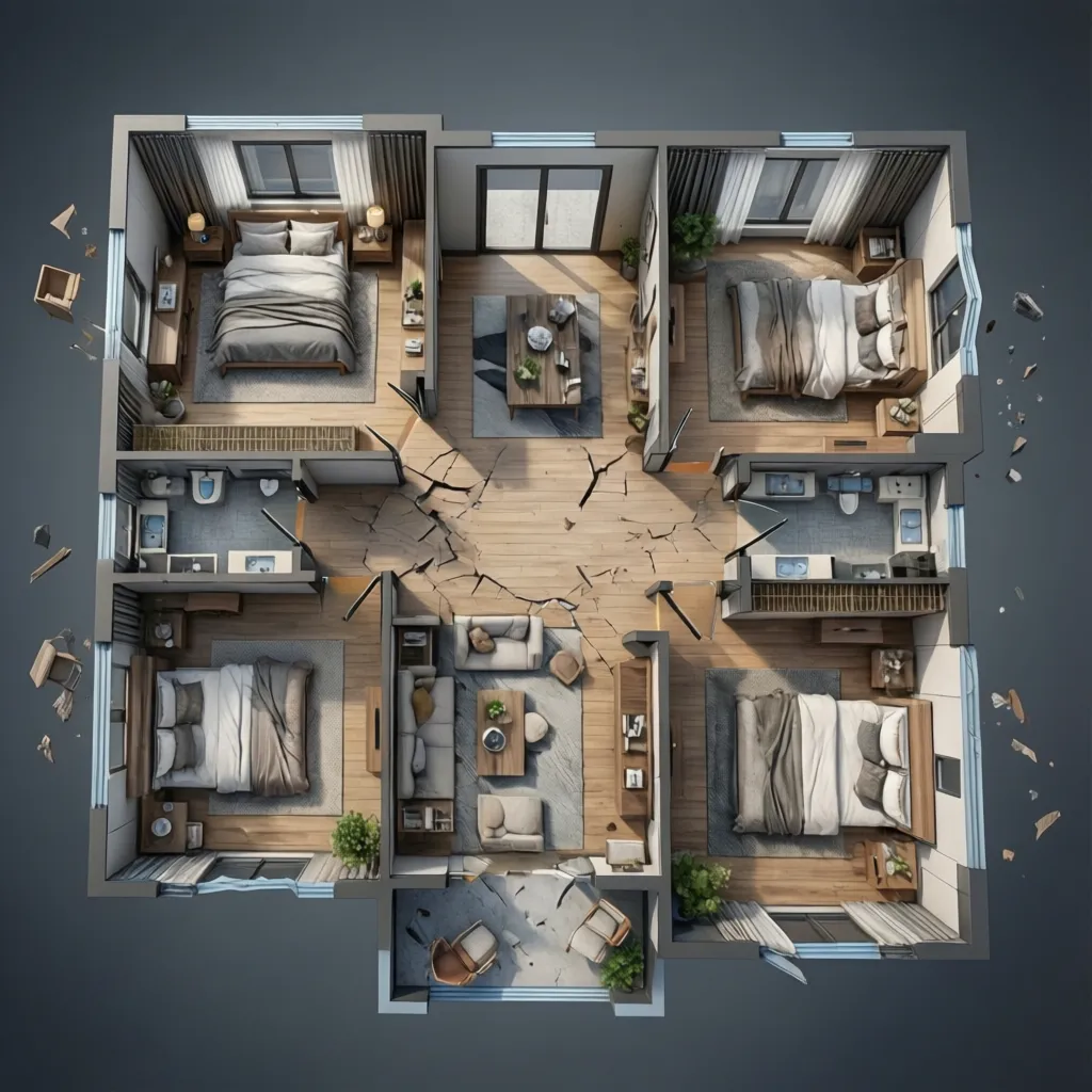 Visualisasi denah rumah empat kamar dalam tampilan tiga dimensi