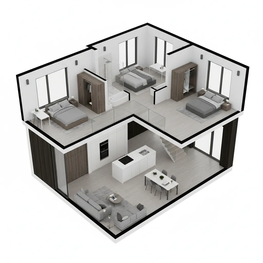 visualisasi tiga dimensi denah rumah kecil