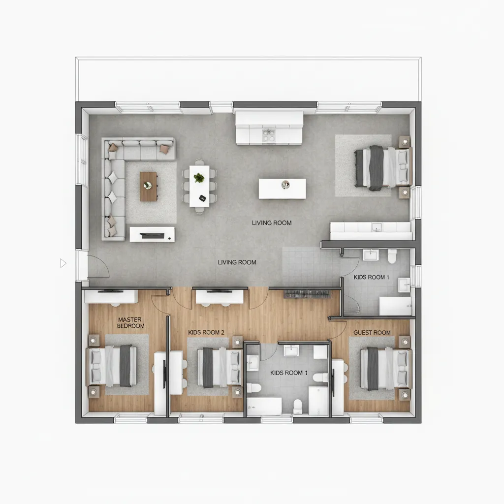 Contoh denah rumah L dengan empat kamar tidur