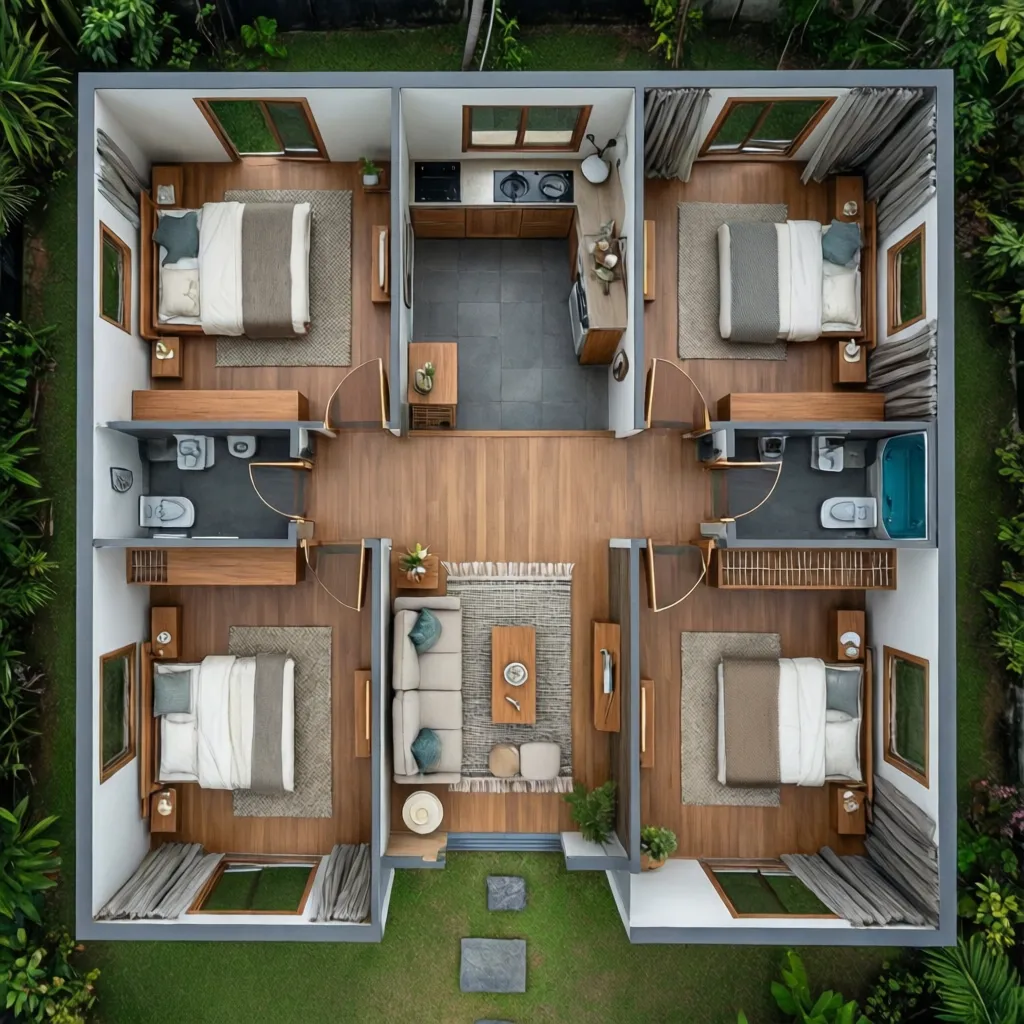 3D top down interior design drawing showing four bedrooms, central living room, kitchen, and garden