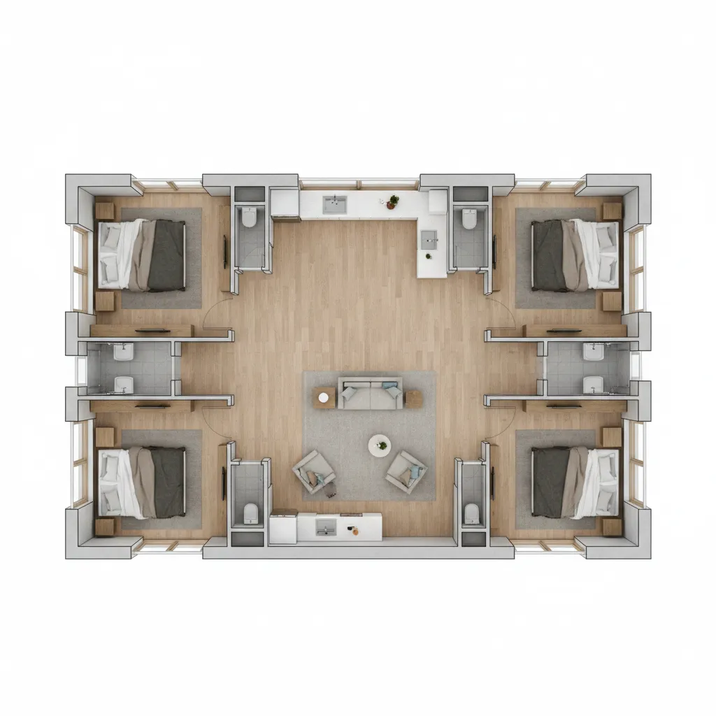 Interior design drawing of a four bedroom house layout with central living room and kitchen