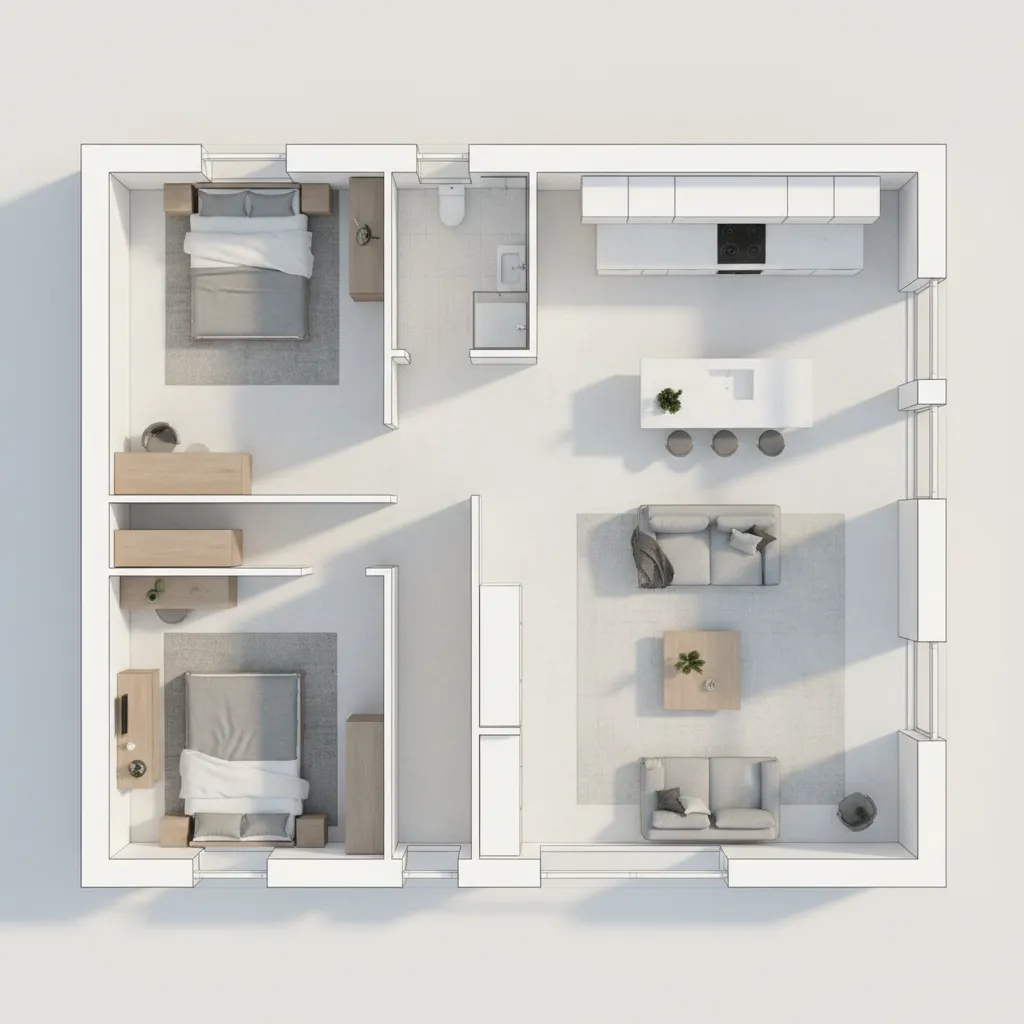 Contoh denah rumah 9x9 dengan dua kamar tidur