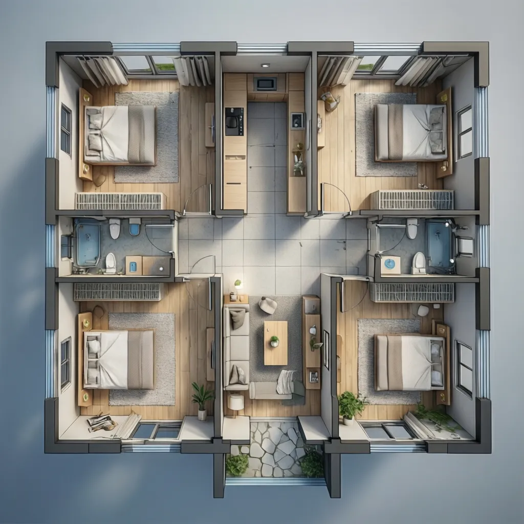 Contoh denah rumah 9x9 dengan tiga kamar tidur