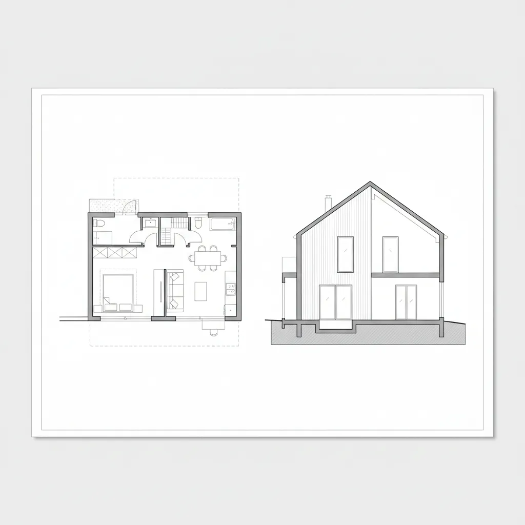 Kombinasi denah dan potongan rumah type 45 dalam satu lembar gambar arsitektur