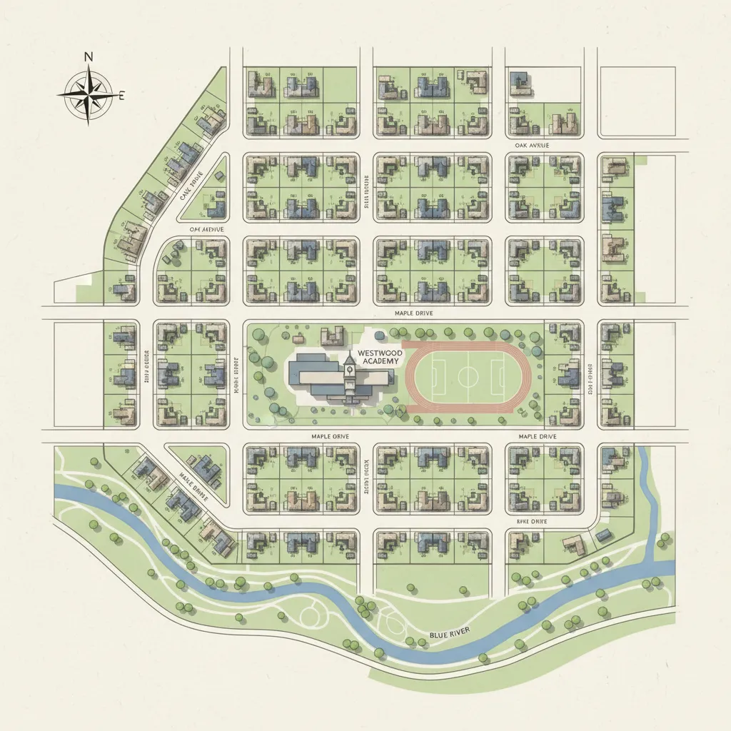 Neighborhood layout showing houses in a grid with a school track and blue winding river