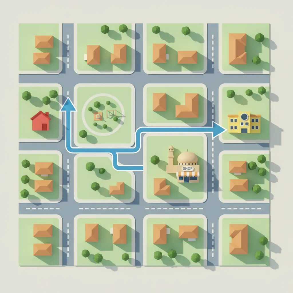 Denah sederhana dengan beberapa landmark seperti taman dan toko