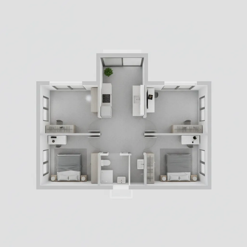 Denah rumah kecil dua kamar dengan dapur di belakang