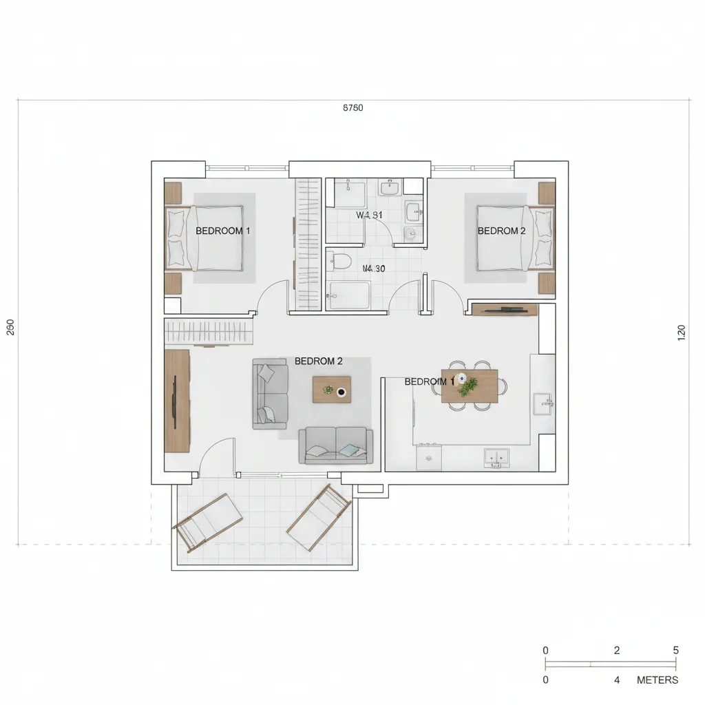 Interior design drawing showing a two bedroom house with living room kitchen bathroom and balcony