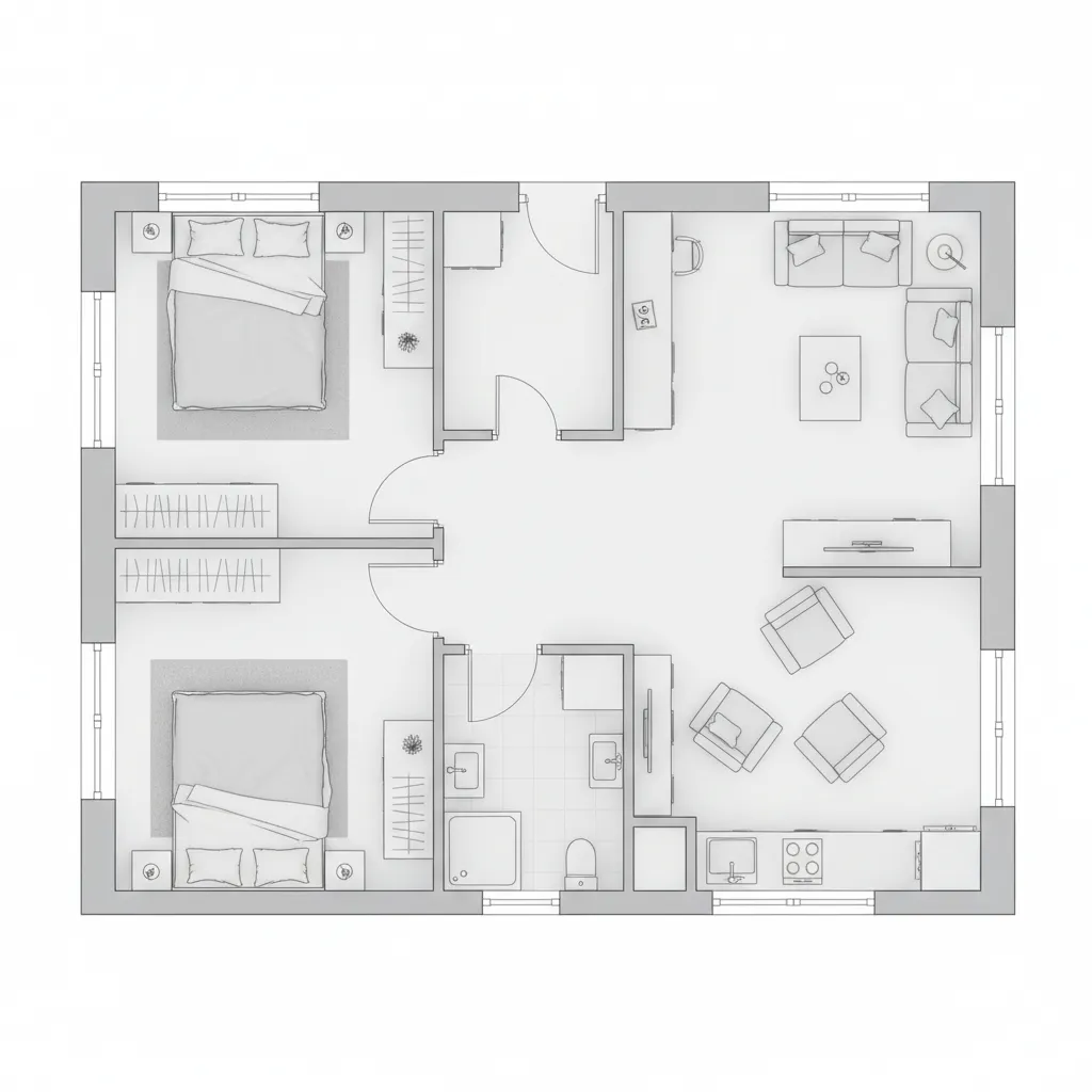Detailed 2D floor plan layout showing two bedrooms living room kitchen and bathroom in top view