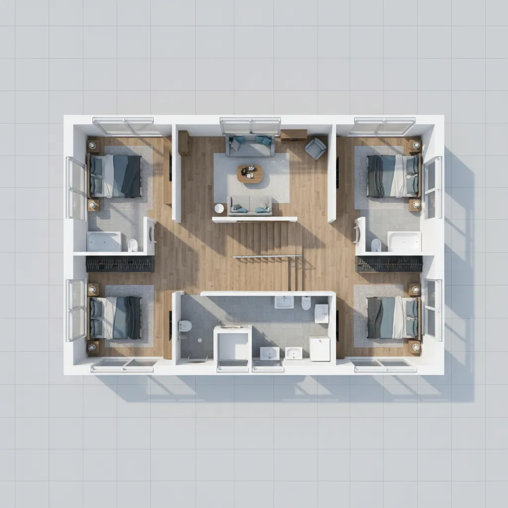 Three dimensional interior design drawing showing four bedrooms and a living area with wood floors