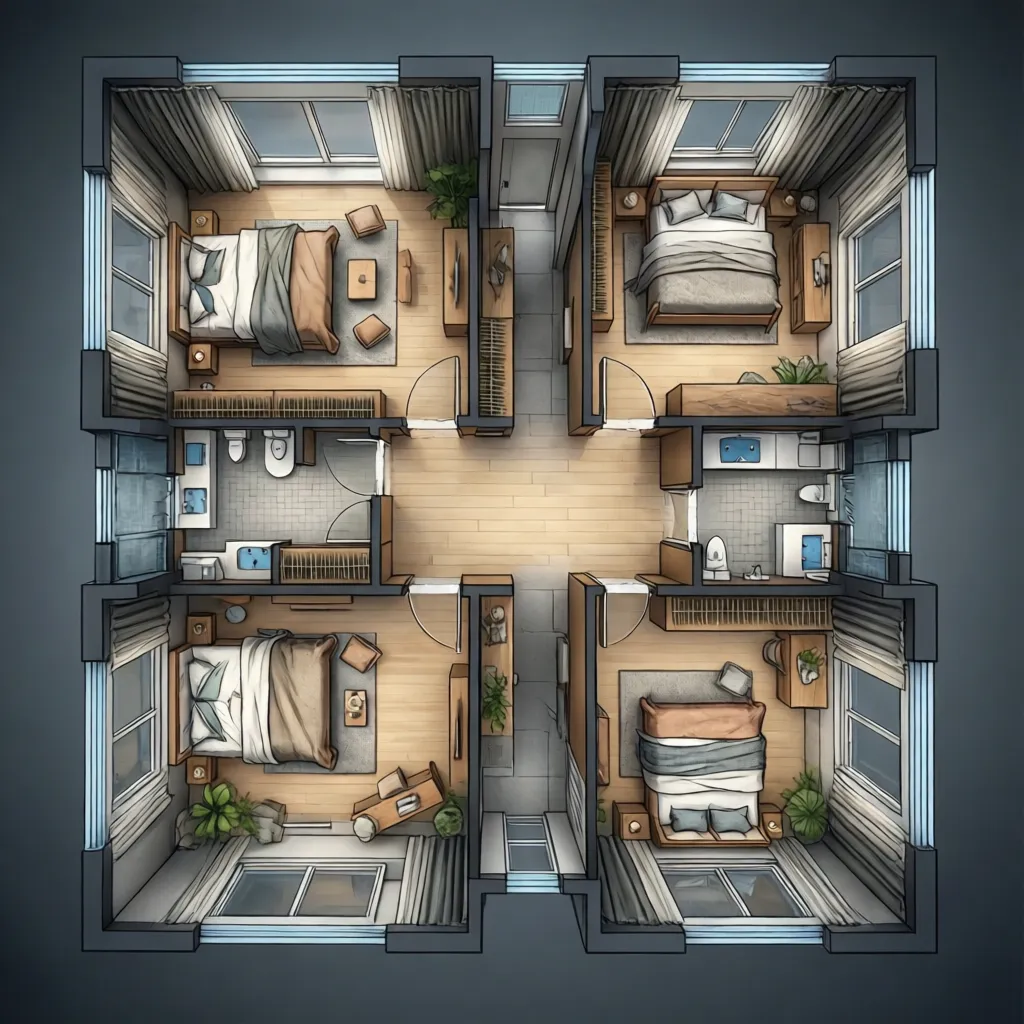 Interior design drawing showing four bedrooms with beds wooden floors two bathrooms and a hallway