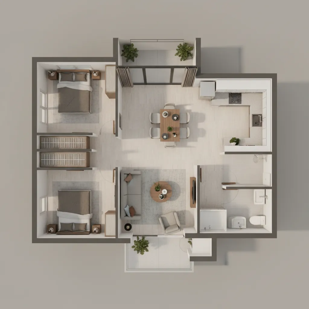 Denah rumah type 30 dengan ruang tamu dan ruang makan terbuka