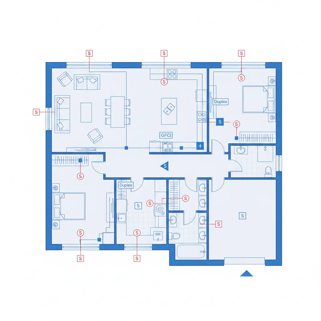 Detailed interior design drawing of a home floor plan with furniture and electrical wiring symbols