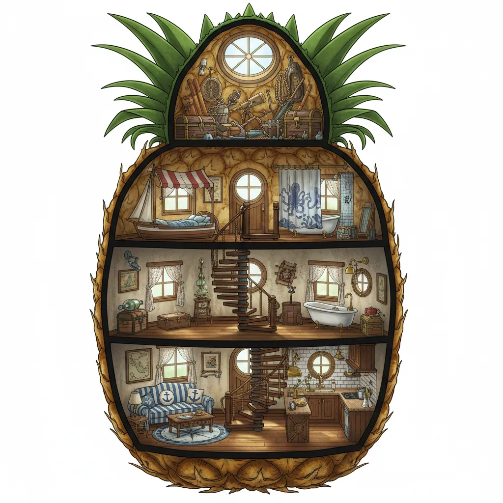 Ilustrasi denah interior rumah Spongebob dengan beberapa lantai