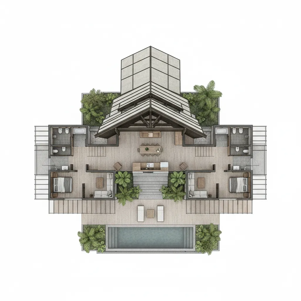 Interior design drawing showing modern villa layout with swimming pool and many green tropical plants