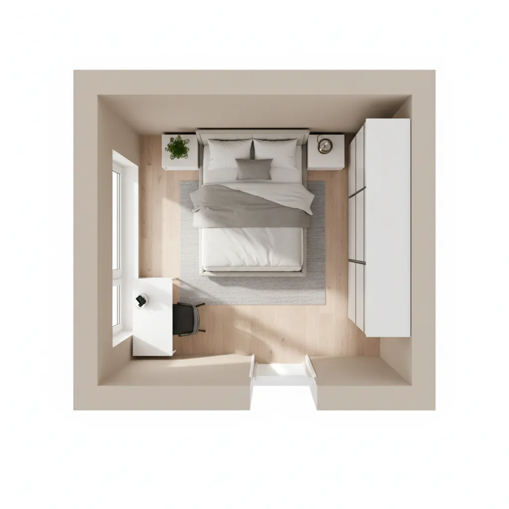 Aerial room layout view of a bedroom with bed, side tables, desk, chair, wardrobe, rug