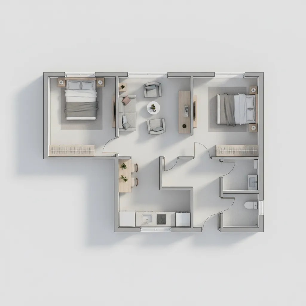 Modern 3D interior design drawing of a two bedroom home layout with central living area