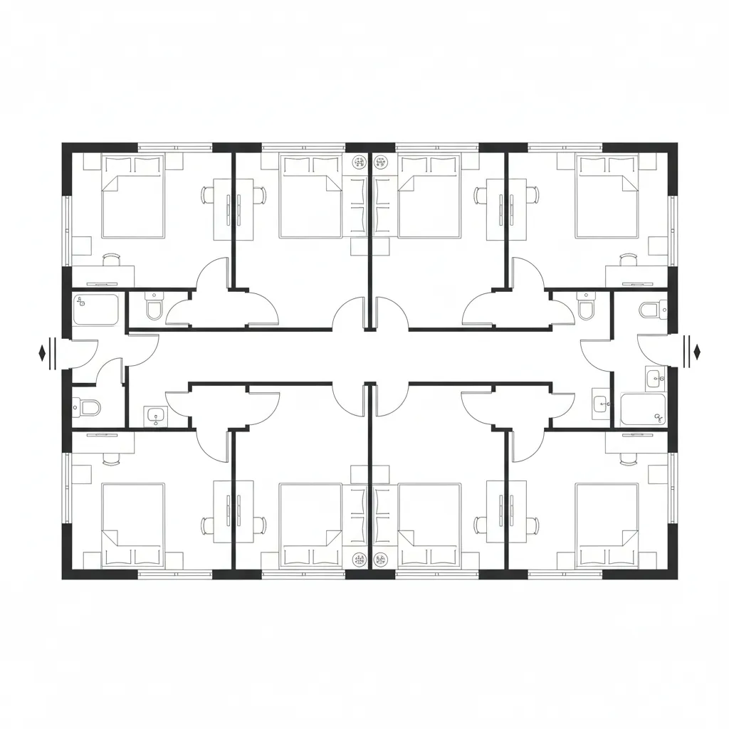 Denah rumah kos dengan koridor tengah dan kamar di kiri kanan