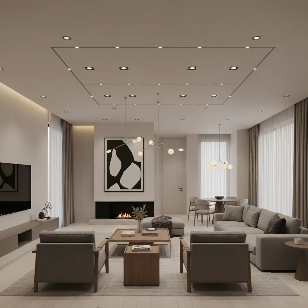 Spacious living room with grey sofa wooden chairs fireplace wall art and small ceiling lights