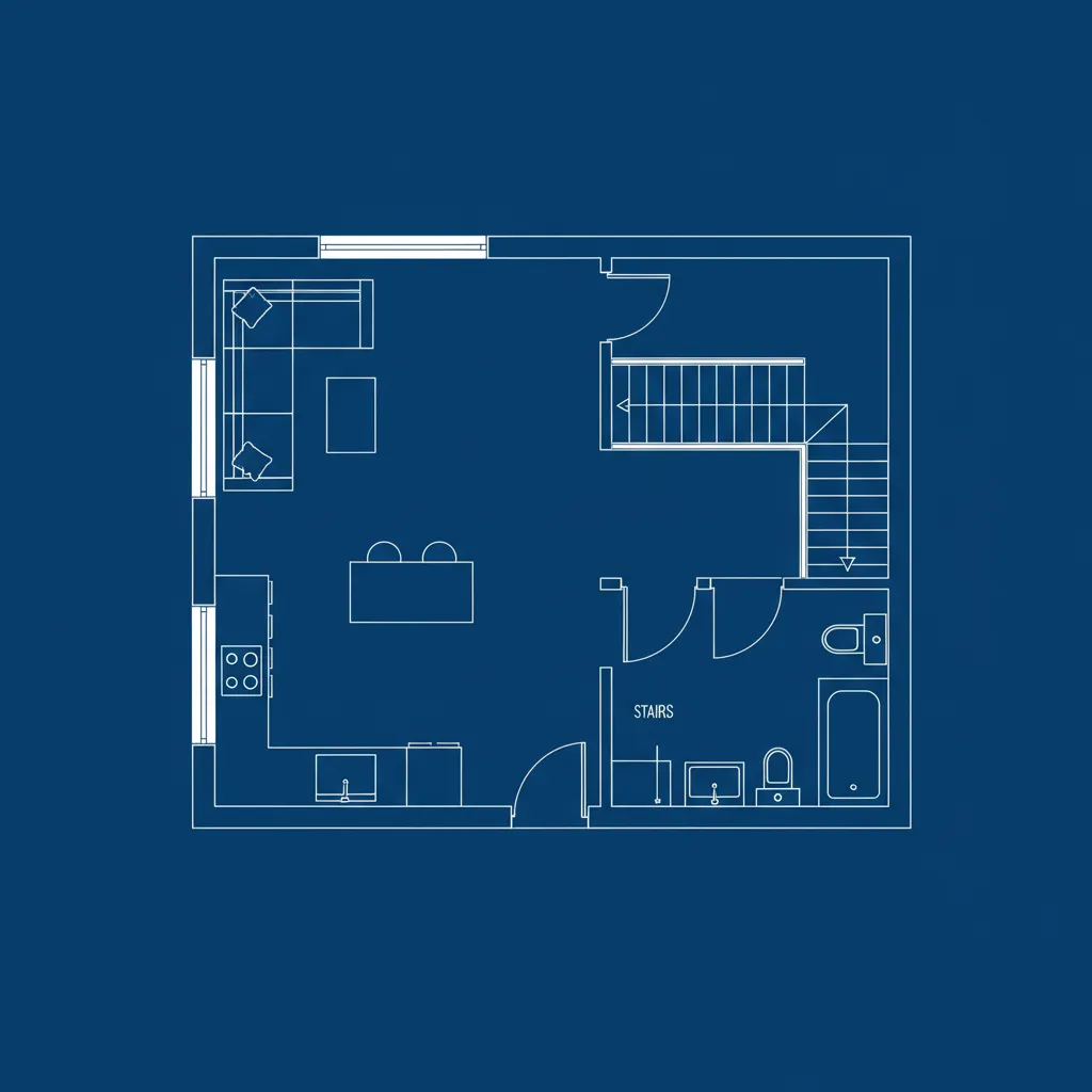 Interior design drawing of a small apartment floor plan showing stairs kitchen bathroom and living area