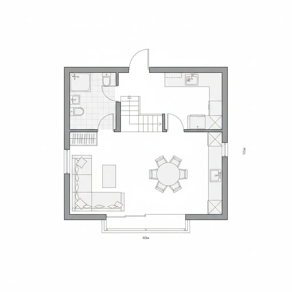 Black and white 2D floor plan showing living room, dining area, kitchen, bathroom, and stairs