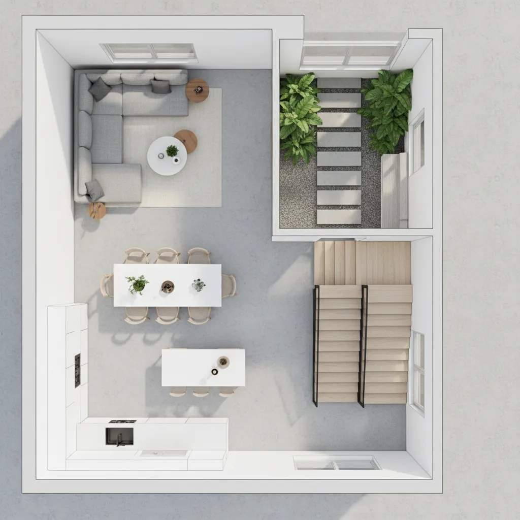 Modern interior design drawing with open kitchen, dining area, living room, stairs, and indoor garden