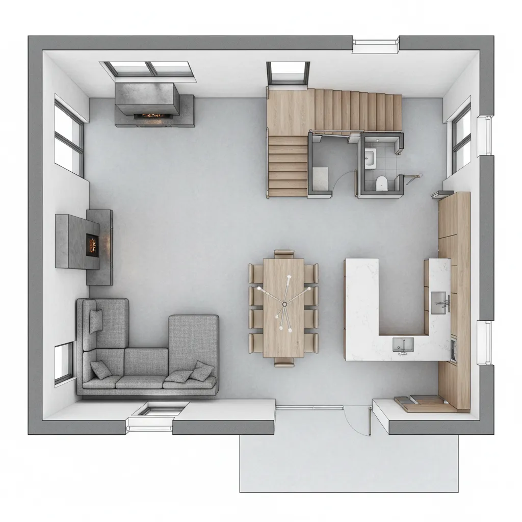Interior design drawing showing a floor plan with sofa, dining table, kitchen, stairs, and bathroom